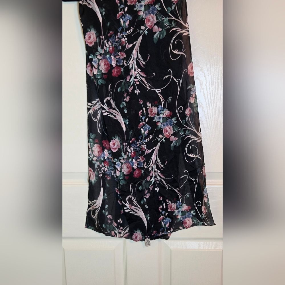 Vtg Glentex 1950-60s Black Floral Print Chiffon Women Scarf ITALY 58"×11.5"